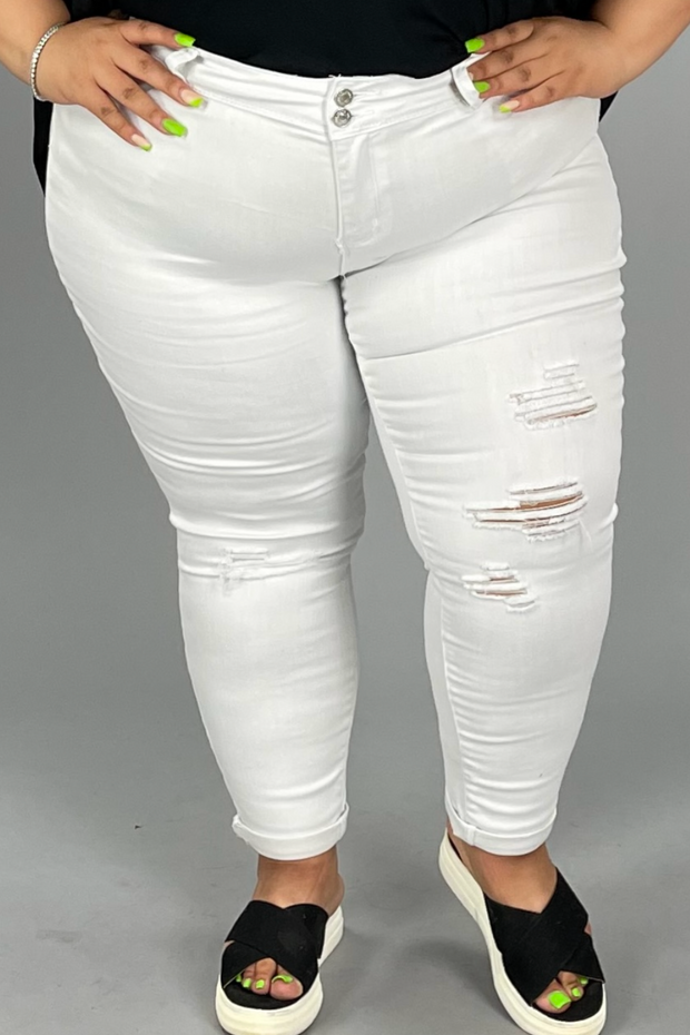 LEG-34 {YMI Wanna Betta Butt} White Ripped Cuffed Ankle Jeans PLUS SIZE 14 16 18 20