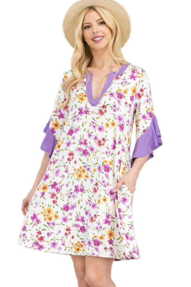 33 CP-C {Floral Dreams} Lavender Floral Ruffle Sleeve Dress PLUS SIZE XL 2X 3X