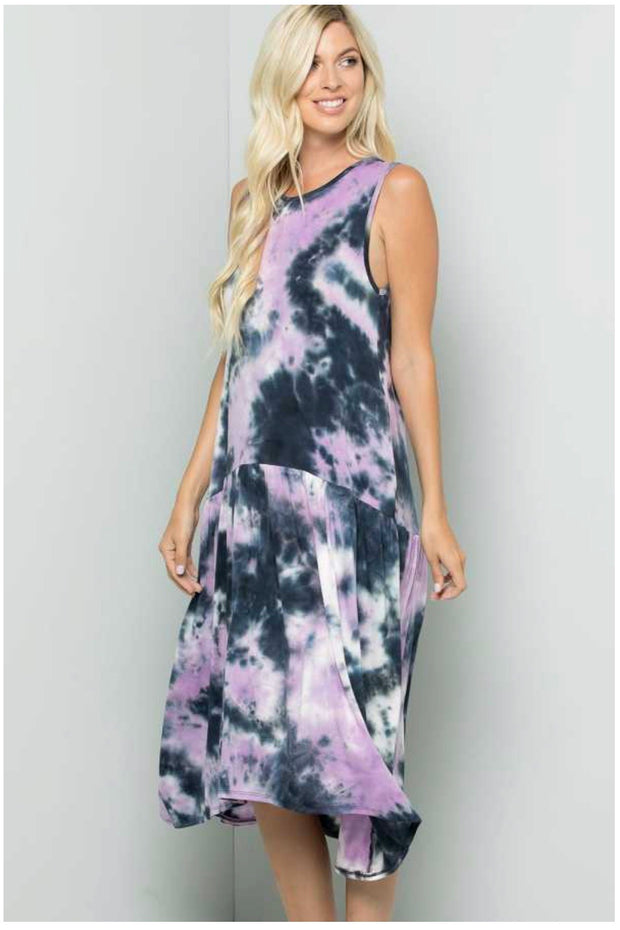 LD-B {Calming Vibes} Navy/Lavender Tie Dye Sleeveless Dress PLUS SIZE 1X 2X 3X