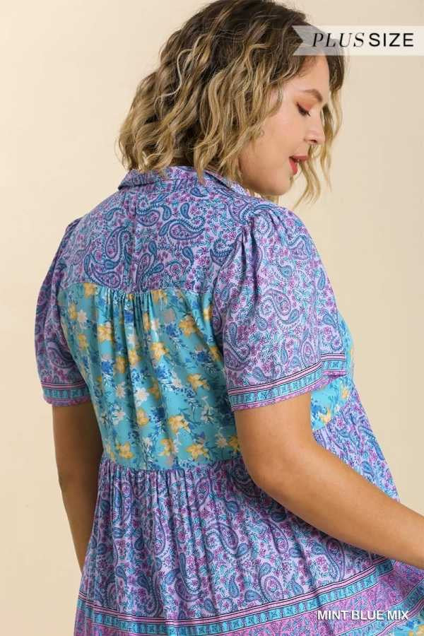 LD-Y {Thrill Of It All} Umgee Mint Blue Floral  Tiered Dress PLUS SIZE XL 1X 2X