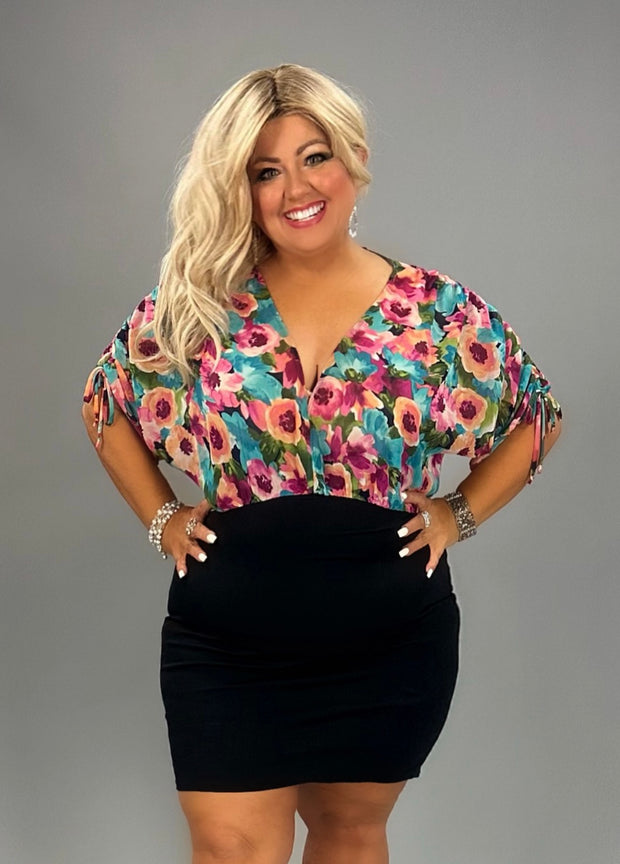 32 PSS-Q {Plant Your Roots} Black Floral Print V-Neck Dress PLUS SIZE XL 2X 3X