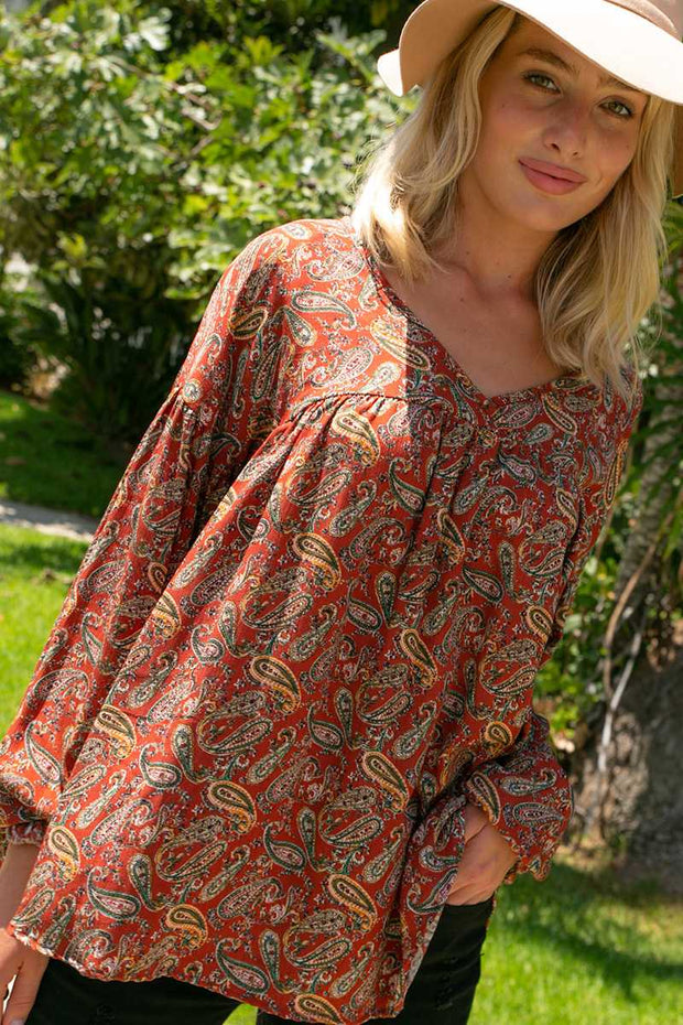 26  PLS {Feeling Sentimental} Rust Paisley Print Top  PLUS SIZE 1X 2X 3X