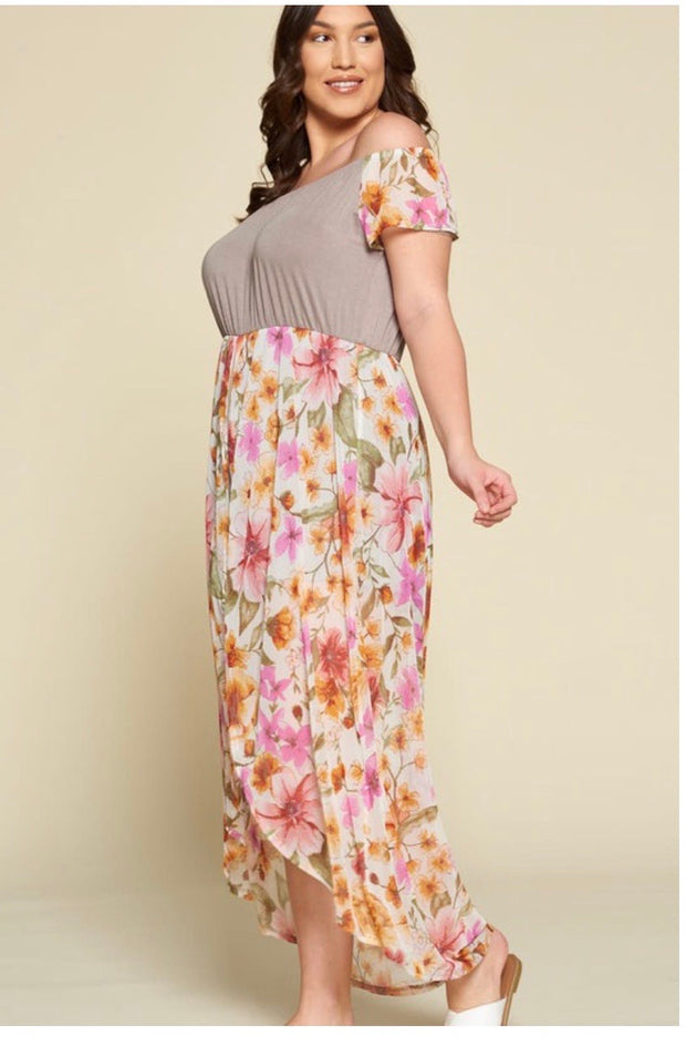 RP-C {Sheer Goddess} Olive Sheer Tan  Romper Floral Overlay  PLUS SIZE