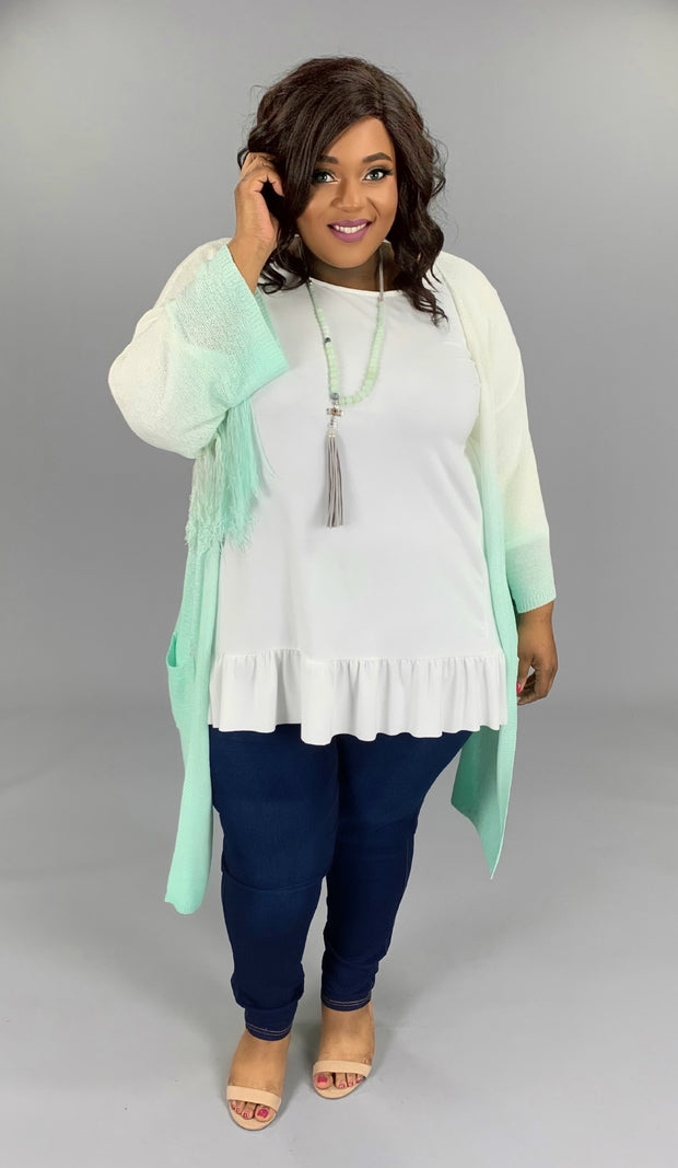 OT-Z {Until We Meet Again}  Ivory/Seafoam Green Knit Cardigan W/ Fringe Detail  PLUS SIZE XL 1X 2X