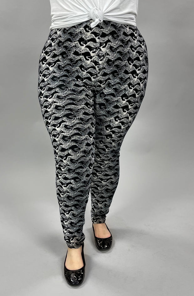 LEG-53 {Swan Lake} Swan Printed Black Leggings EXTENDED PLUS SIZE 3X/5X