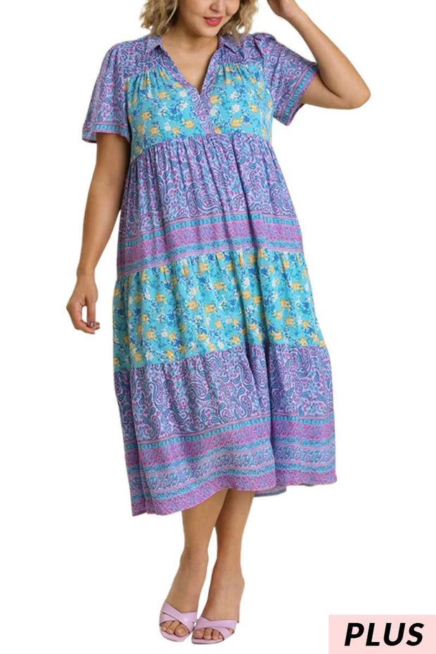 LD-Y {Thrill Of It All} Umgee Mint Blue Floral  Tiered Dress PLUS SIZE XL 1X 2X