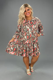 20 PQ-A {Business First} Taupe/Coral Print Tiered Dress PLUS SIZE 1X 2X 3X