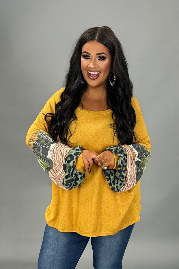 12  CP {Secret Love} Mustard Top w/Multi-Print Sleeves PLUS SIZE XL 2X 3X