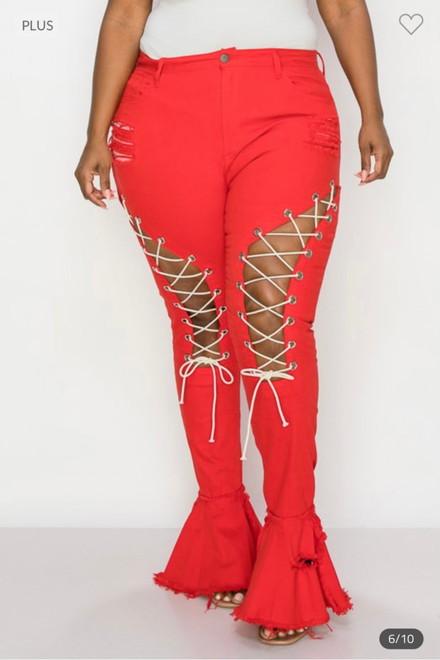 Leg-10 {The Map}  Red Front Lace Up Distressed Pants PLUS SIZE 1X 2X 3X