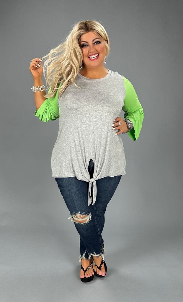27 CP-Y {Things I Love} H. Grey/Lime Green Front Tie Top PLUS SIZE 1X 2X 3X  (May Size Down 1 Size)