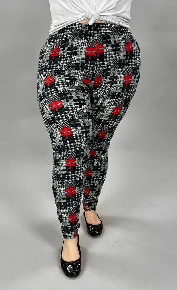 LEG-87 {Puzzled} Gray/Red Puzzle Print Leggings EXTENDED PLUS SIZE 3X/5X