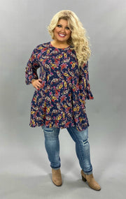 PQ-M {Simple Country LIfe}  Navy Tunic  W/Multi Color Paisley Print PLUS SIZE 1X 2X 3X