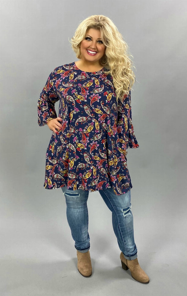 PQ-M {Simple Country LIfe}  Navy Tunic  W/Multi Color Paisley Print PLUS SIZE 1X 2X 3X