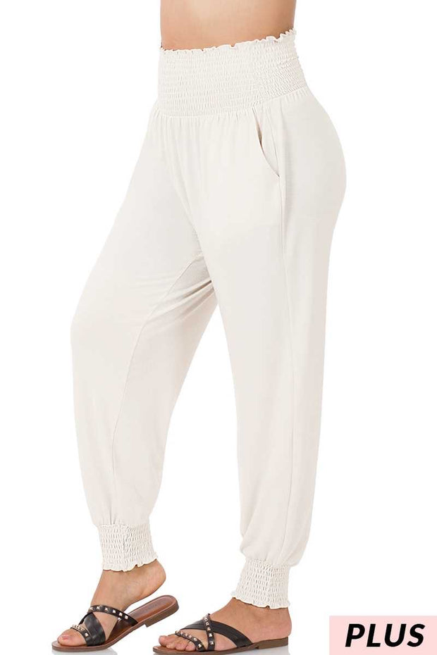 LEG-19 {Fast and Fun} Bone Smocked Waist Jogger Pant  PLUS SIZE 1X 2X 3X