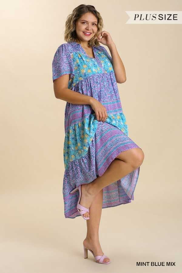 LD-Y {Thrill Of It All} Umgee Mint Blue Floral  Tiered Dress PLUS SIZE XL 1X 2X