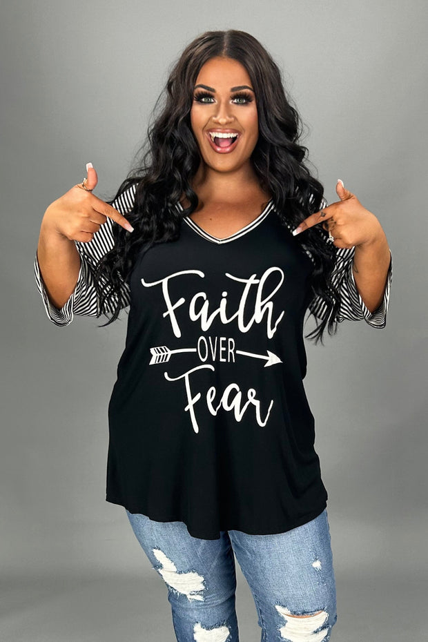 26 GT {Choose "Faith Over Fear"}  Black/White Stripe Graphic Tee    PLUS SIZE XL 2X 3X 4X 5X 6X (May Size Down 1 Size}