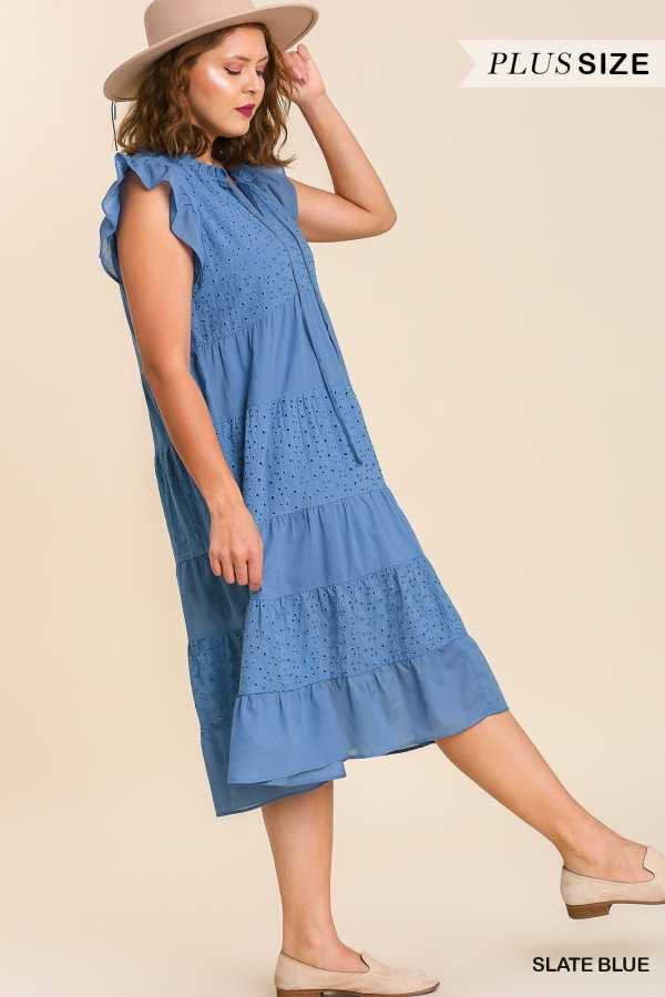 52 SSS-G [Crisp Mornings} Umgee  Slate Blue Eyelet Dress PLUS SIZE XL 1X 2X