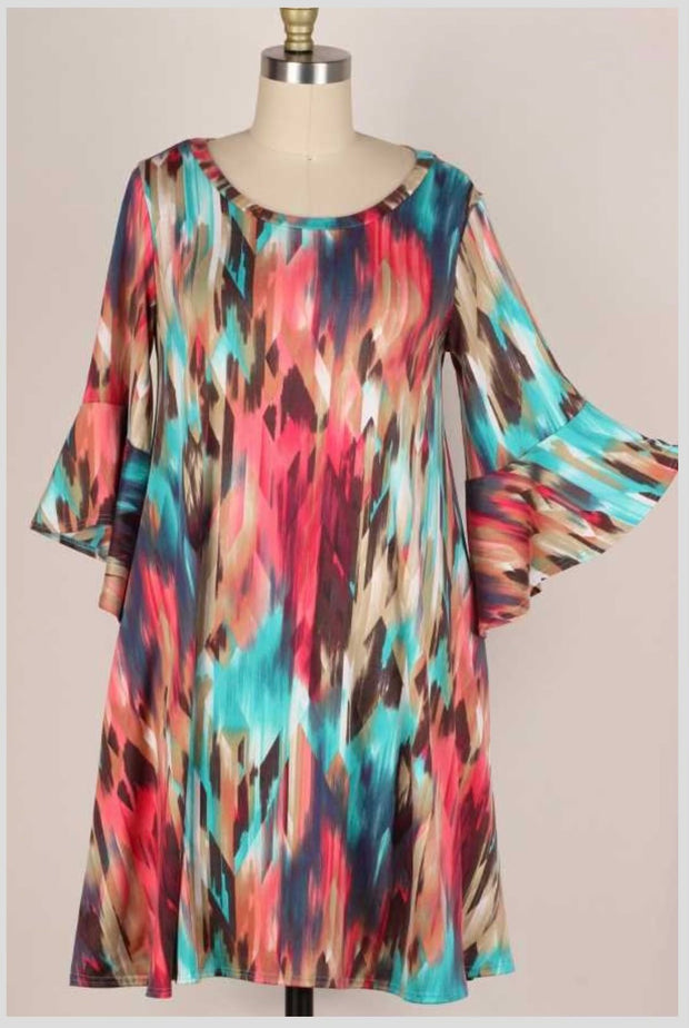 88 PQ-V {Close Attention} Multi-Color Bell Sleeve Dress PLUS SIZE 1X 2X 3X