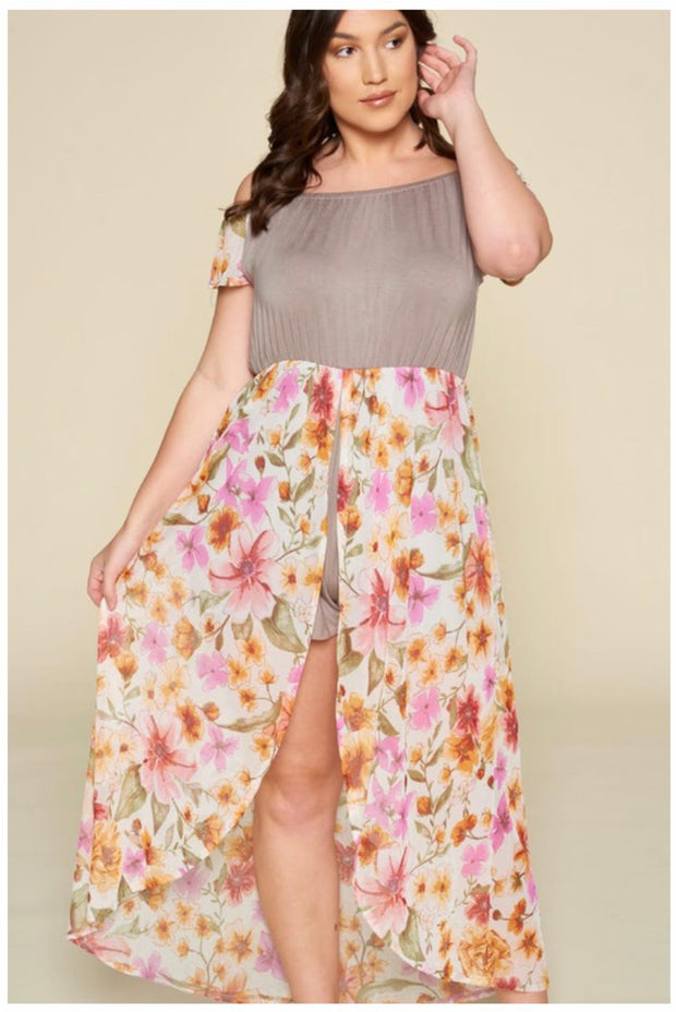 RP-C {Sheer Goddess} Olive Sheer Tan  Romper Floral Overlay  PLUS SIZE