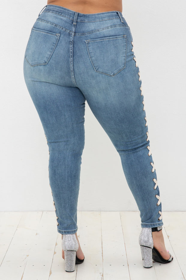 LEG-39 {Vocal Criss Cross} Blue Jeans w/Side Criss Cross PLUS SIZE XL 2X 3X