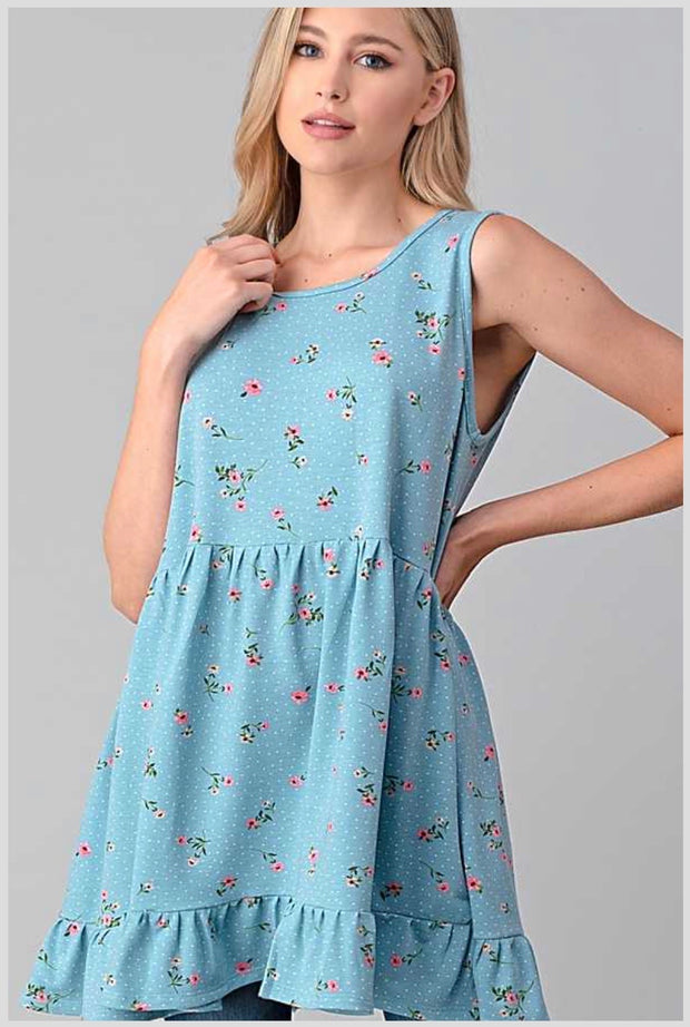 SV-M {Little Details} Blue Sleeveless Tunic Floral & Dot Details PLUS SIZE 1X 2X 3X