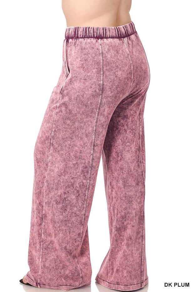 LEG-35 {Dressing For Me} Burgundy Acid Wash Wide Leg Joggers PLUS SIZE 1X 2X 3X