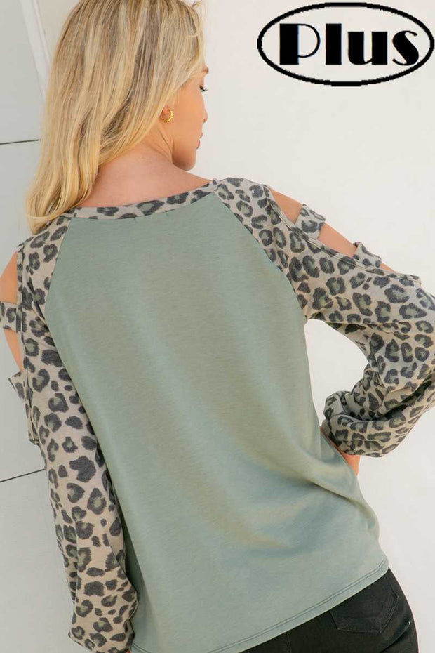 24 OS {More Than A Dream} Sage Top w/Leopard Sleeves PLUS SIZE 1X 2X 3X