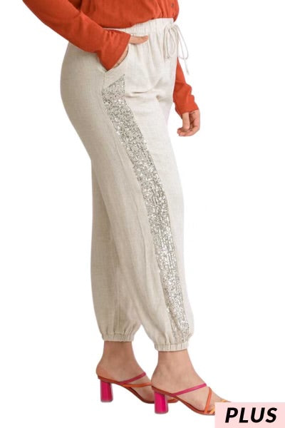 LEG-92 {Make Me Want To Dance} Umgee Beige Sequin Joggers PLUS SIZE XL 1X 2X