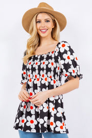 SALE!! 22 PSS-B {Daisy On Display} Black Print Smocked Top PLUS SIZE XL 2X 3X