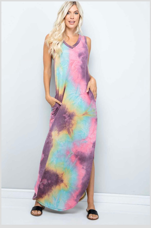 LD-A {My Rainbow} Tie Dye V-Neck Maxi Dress PLUS SIZE 1X 2X 3X