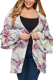 OT-H {I'm On Beach Time} Sangria/Navy/Mustard Cardigan With Palm Leaf Design PLUS SIZE 1X 2X 3X