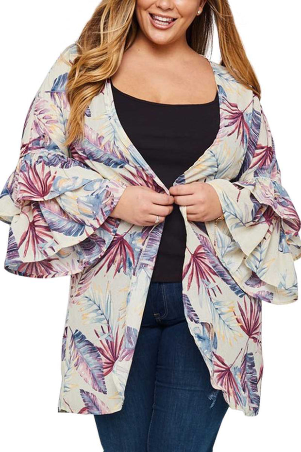 OT-H {I'm On Beach Time} Sangria/Navy/Mustard Cardigan With Palm Leaf Design PLUS SIZE 1X 2X 3X