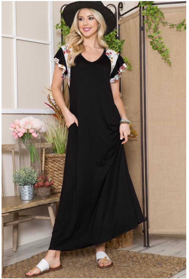 LD-B {Everyday Stunner} Black Long Dress Floral Sleeves PLUS SIZE 1X 2X 3X