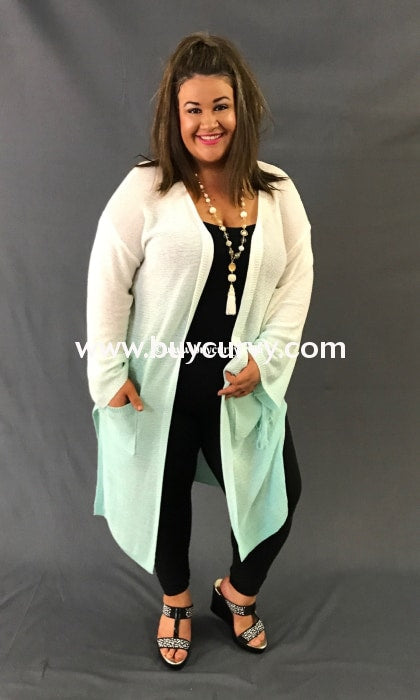 Ot-G Ivory/seafoam Green Knit Cardigan W/ Fringe Detail Outerwear
