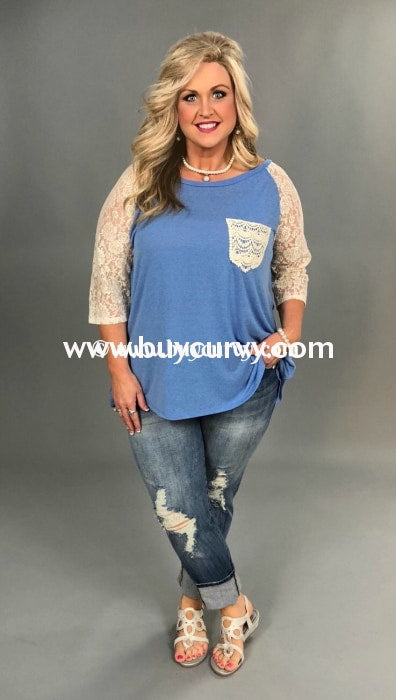 Sd-B Umgee Blue Hi-Lo With Lace Sleeves & Pocket Sale!! Solid With Detail