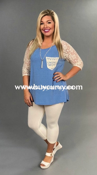 Sd-B Umgee Blue Hi-Lo With Lace Sleeves & Pocket Sale!! Solid With Detail
