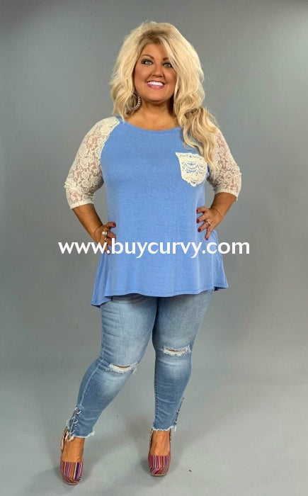 Sd-B Umgee Blue Hi-Lo With Lace Sleeves & Pocket Sale!! Solid With Detail