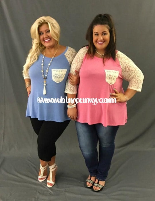 Sd-B Umgee Blue Hi-Lo With Lace Sleeves & Pocket Sale!! Solid With Detail