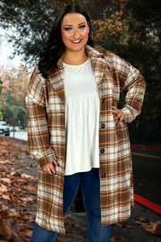32 OT-D  {Starting Again}  "Umgee" Camel Plaid Button Up Shacket PLUS SIZE XL 1X 2X