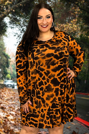 95  PLS-E {Wild Talking} Burnt Orange Print Long Sleeve Dress PLUS SIZE 1X 2X 3X